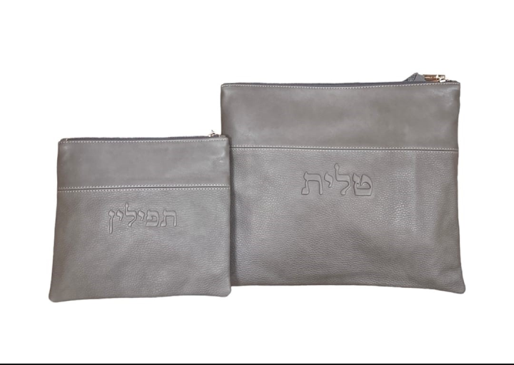 סט טלית תפילין עור אמיתי אפור