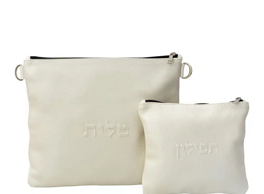 סט טלית תפילין עור אמיתי לבן קלאסי
