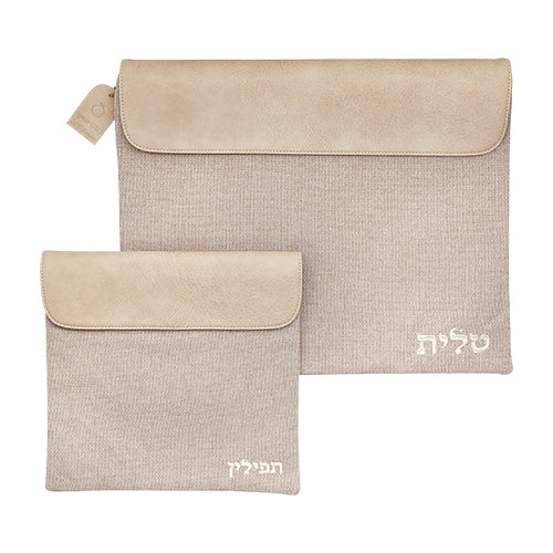 סט טלית ותפילין - פשתן בשילוב דמוי עור