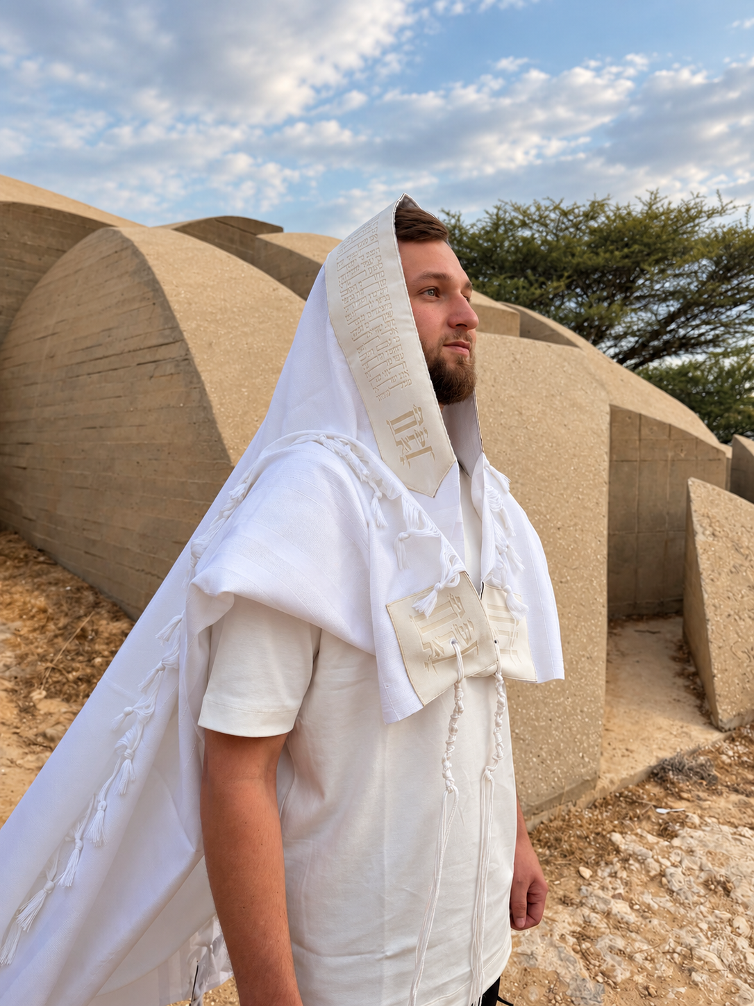 טלית צמר פרימיום שחרית הוד -"עם ישראל חי" עטרה אוף וייט