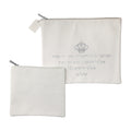 White faux leather tallit and tefillin bag set, embossed with "Y'varechecha"