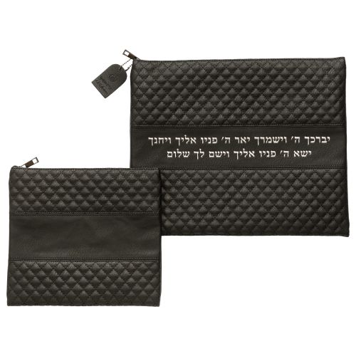 סט טלית תפילין דמוי עור שחור אותיות בולטות "ויברכך"