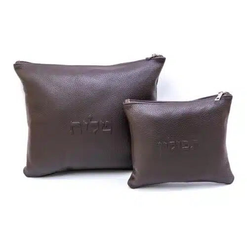 סט טלית תפילין עור אמיתי חום קלאסי