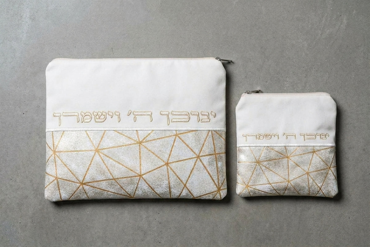 סט טלית תפילין קטיפה לבן זהב