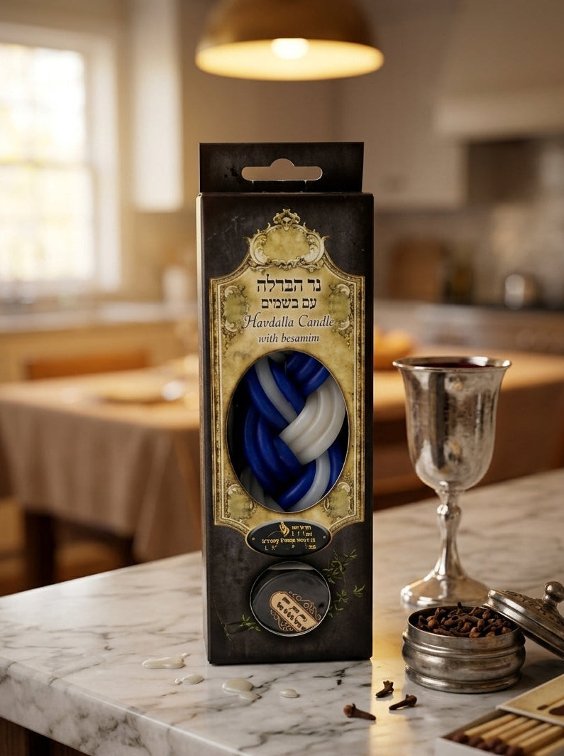 נר הבדלה קלוע צמה כחול לבן עם בשמים